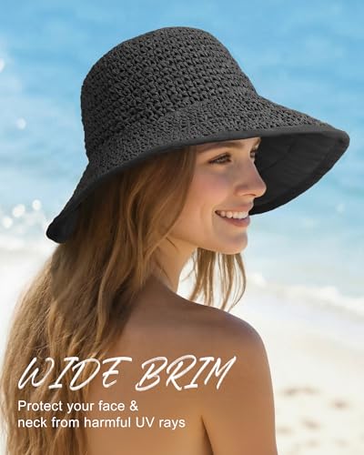 Sun Hats for Women, Summer Beach Straw Wide Brim Bucket Hat - color: Black, size: Large