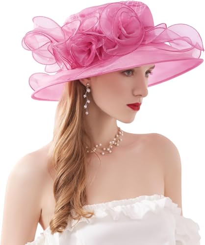 Women Derby Fascinator Hat Organza Church Wedding Hats Wide Brim Cocktail Tea Party Hat - color: 12 Fuchsia