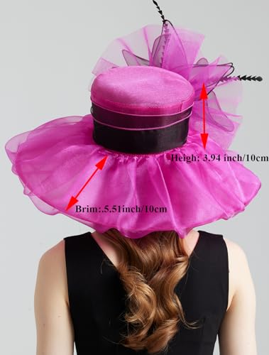 Women Organza Derby Hat Fascinator Tea Party Wedding Church Derby Hat Fascinator Hats Dual-use - color: 02a Rose Red
