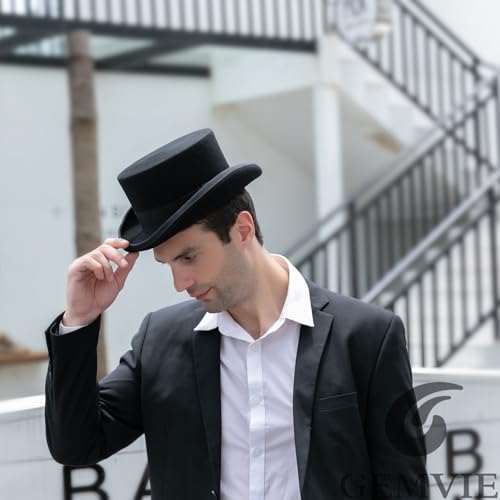GEMVIE Men 100% Wool Top Hat Mad Hatter Satin Lined Black Low Top Hats for Party - color: Black-4.5" High, size: 7 3/8