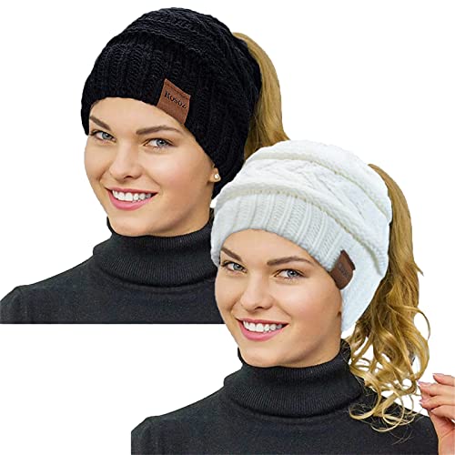 Rosoz 2 Pack Ponytail Beanie for Women,Winter Warm Beanie Tail Soft Stretch Cable Knit Messy High Bun Hat - color: 2pack-black/White