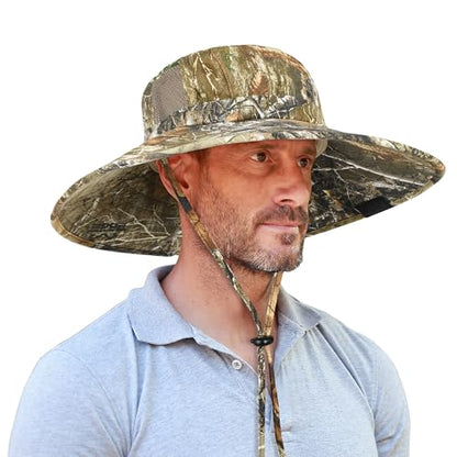 Men Safari Sun Hat Wide Brim Boonie Fishing Cap with Adjustable Drawstring - color: Pine Woodland Camo