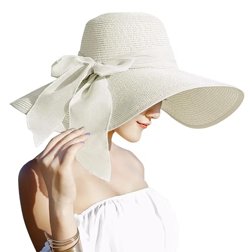 Lanzom Womens 5.7 Inches Big Bowknot Straw Hat Large Floppy Foldable Roll up Beach Cap Sun Hat UPF 50+ - color: Ivory White