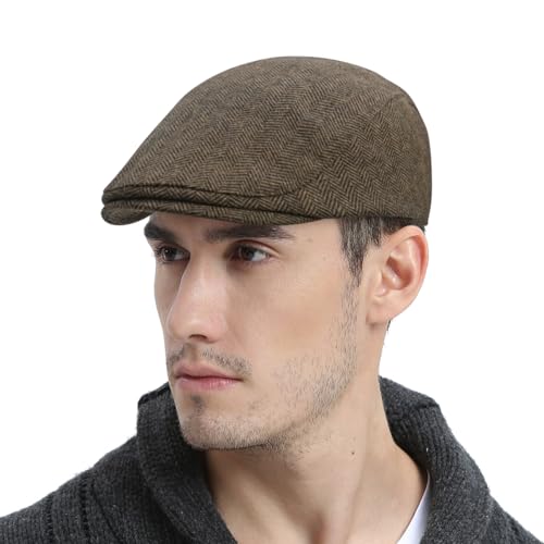 FEINION Men Wool Blend Flat Cap Tweed Newsboy Ivy Hat - color: Herringbone Khaki