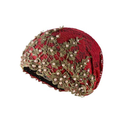haozaikeji Women Flower Turban Hat Rhinestones Muslim Islamic Head Wrap African Pearl Turban Soft Stretchy Head Cover - color: Red