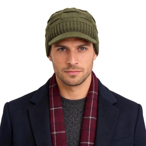Ruphedy Mens Beanie with Brim Winter Hat Knitted Thick Fleece Visor Beanie - color: B322-green
