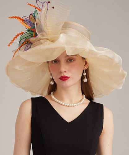 Women Derby Church Hat Organza Flower Wedding Tea Party Fascinator Wide Brim Sun Hat - color: 12-cream Color