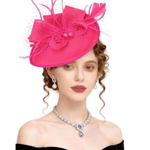 AQOKKA Women Fascinators Hats Flower Mesh Feathers Headband Clip - color: 1 Pc Feather Fascinators : Deep Pink