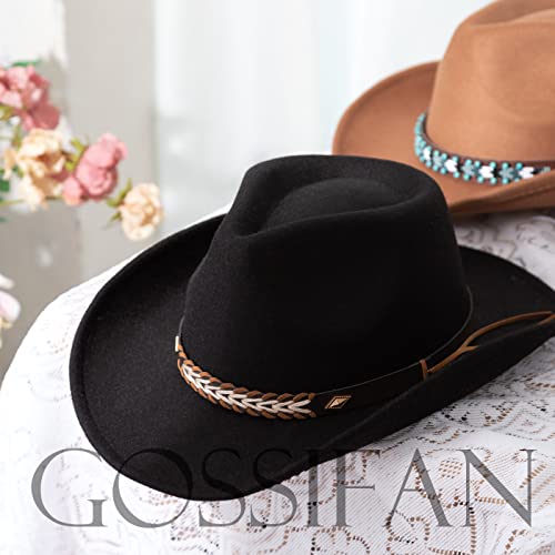 Western Cowboy Hat Felt Wide Brim Women Men Cowgirl Hats - color: Black