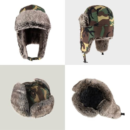 Waterproof Winter Trapper Ushanka Hat Ear Flap Chin Strap, Russian Style - color: Arctic (Wood Camo)