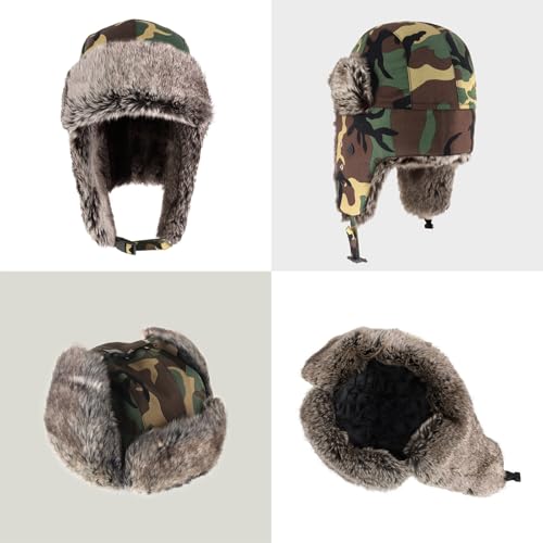 Waterproof Winter Trapper Ushanka Hat Ear Flap Chin Strap, Russian Style - color: Arctic (Wood Camo)
