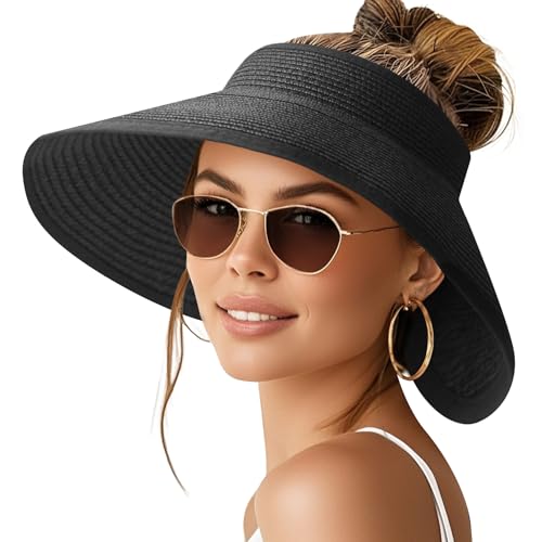 NPQQUAN Sun Visor Hats for Women Wide Brim Ponytail Straw Beach Hat - color: (Black))