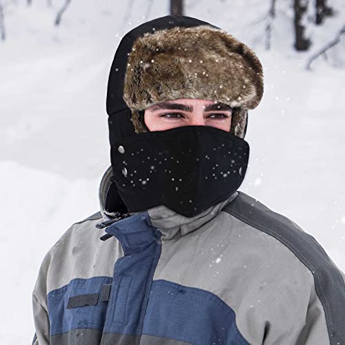 Zhehao Winter Trapper Hat Gloves Scarf Set for Men Waterproof Plush Lined Trapper Hat Touchscreen Glove Warm Soft Scarf - color: Black