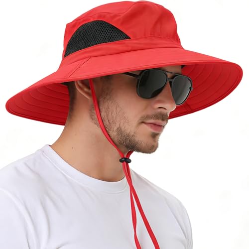 Wide Brim Sun Bucket Hat, Waterproof Boonie Hat for Men & Women - color: 01 Red