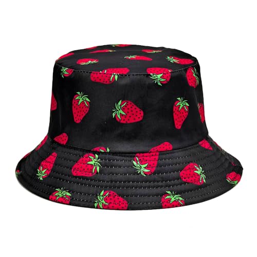 Printed Bucket Hat - Reversible Packable Summer Travel Beach Sun Cap for Men Women Teens - color: Black Red Strawberry