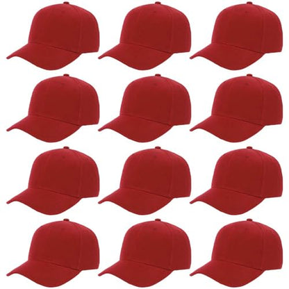 ZH Plain Adjustable Baseball Cap - Lot of 12 Unisex Blank Design Caps - color: Red