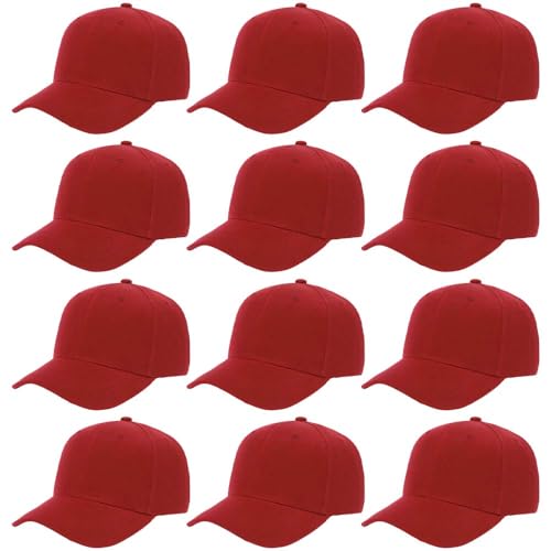 ZH Plain Adjustable Baseball Cap - Lot of 12 Unisex Blank Design Caps - color: Red