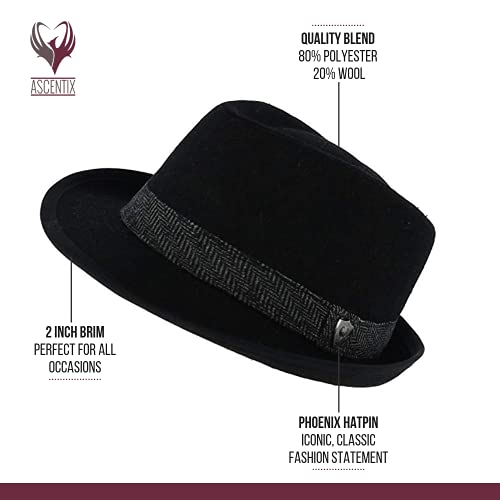 Men’s Fedora, 2” Brim, Classic Wool Blend with Herringbone Band - color: Black, size: Small