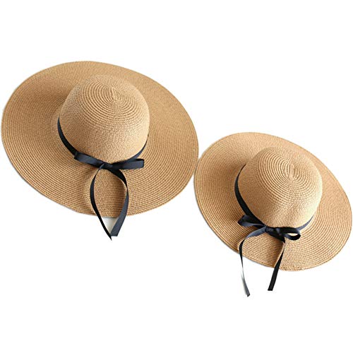 2 PCS Parent-Child Straw Hat Wide Brim Bowknot Cap Beach Sun Hat for Girls Women - color: Ribbon Brownribbon Brown