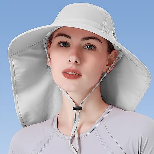 Womens Sun Hat UV Protection, Foldable Waterproof Wide Brim Bucket Hats with Neck Flap for Summer Beach Fishing Hiking - color: Light Grey