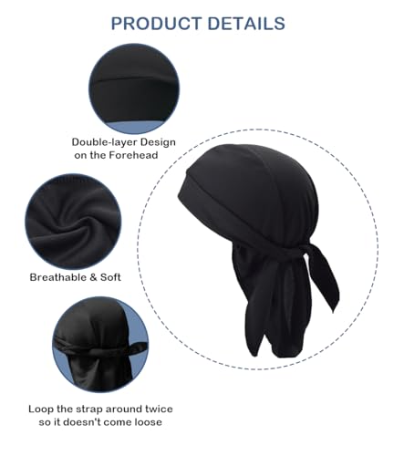 Sweat Wicking Do Rags Skull Caps, Cooling Hip Hop Hat, Beanie Durag Motorcycle Head Wrap Doo Rag Liner for Men Women - color: Low Profile Black