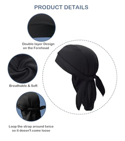 Sweat Wicking Do Rags Skull Caps, Cooling Hip Hop Hat, Beanie Durag Motorcycle Head Wrap Doo Rag Liner for Men Women - color: Low Profile Black