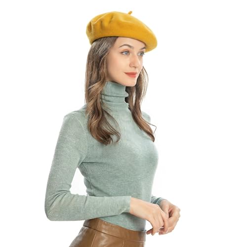 ZLYC Wool French Beret Hat Solid Color Classic Artist Cap for Women - color: Gold