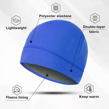 2 Pack Thermal Skull Caps for Men Women Wind-Resistant Fleece Beanie Hats Cold Weather Helmet Liners for Cycling - color: Black+blue