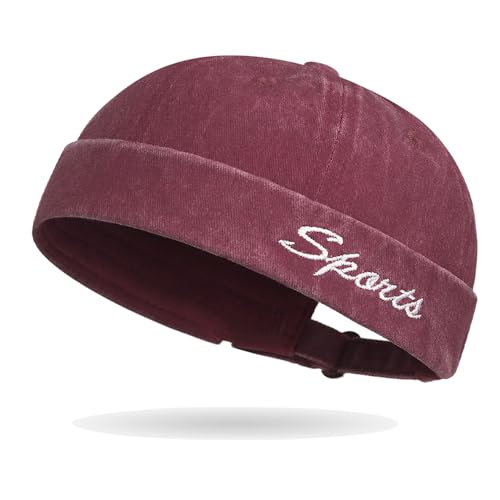 Sailor Brimless Skull Hat, Washed Cotton Docker Hat for Men Vintage - color: B-burgundy