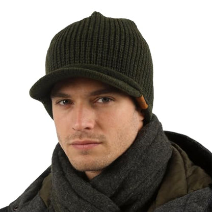 Winter Beanie with Visor - Stylish Knit Hat with Bill - Thick Brimmed Beanies with Fleece Lining Men and Women - color: B326-green
