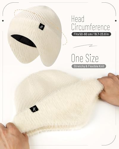 HAMUNI Winter Fleece-Lined Beanie with Earflaps, Warm Windproof Unisex Beanie Hat for Skiing, Hiking & Outdoor Winter Sports - color: Oatmeal
