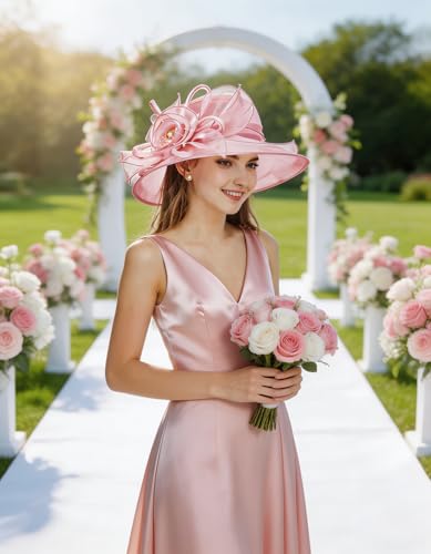 Women Derby Fascinator Hat Organza Church Wedding Hats Wide Brim Cocktail Tea Party Hat - color: 08 Light Pink