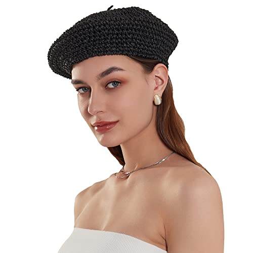 Straw Beret Summer French Beret Hats for Women Artist Crochet Beret - color: Black