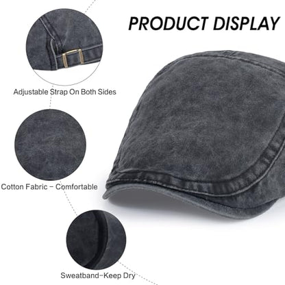 3Pcs Men's Newsboy Caps Cotton Cooling Hat Adjustable Flat Cap for Men - color: Washed-black+navyblue+green