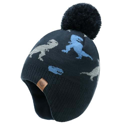 Duoyeree Kids Beanie Dinosaur Pom Pom Knit Winter Hat Fleece Lined for 1-7T - color: Dinosaur, Navy, size: 1-2T