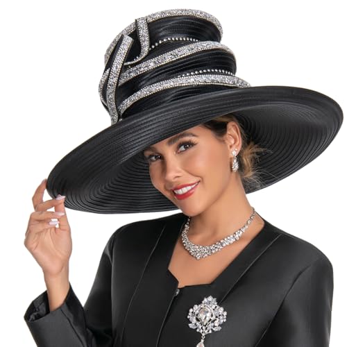 Women's Dramatic Giant Wide Brim Rhinestone Church Hat Statement Turban Fascinator for Wedding Chapel Baptist Sunday - color: 18-black