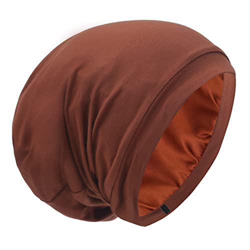 Silk Satin Lined Bonnet Sleep Cap - Adjustable Stay on All Night Hair Wrap Cover Slouchy Beanie for Curly Hair Protection for Women and Men - Solid Caramel - color: Solid Caramel, size: One Size