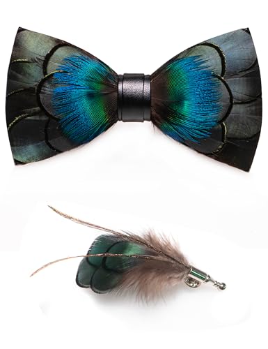 RBOCOTT Handmade Feather Pre-tied Bow tie and Brooch Sets for Men - color: Peacock Blue/Dark Green