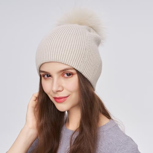 Women's Knitted Angora Wool Hat for Autumn and Winter Warm and Stylish with Rolled Brim and Slanted Rhinestones Cap - color: A-beige