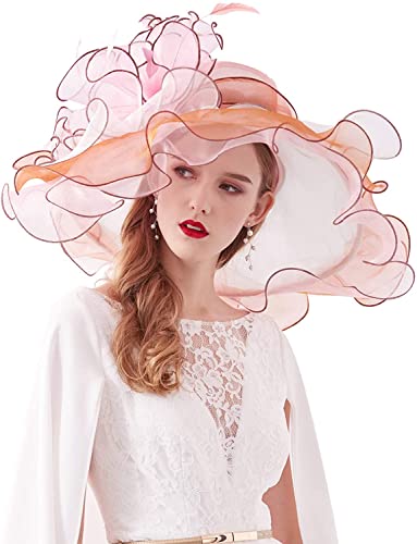 Women Derby Church Organza Flower Wedding Tea Party Fascinator Wide Brim Sun Hat - color: 01-pink