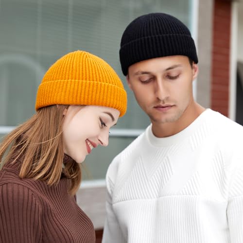 3 Pack Wool Fisherman Beanies for Men, Short Knit Watch Cap Cuffed Hats - color: #A-black, Gray, Yellow