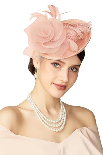 BABEYOND Fascinators Hats for Women Tea Party Mesh Flower Pillbox Derby Hat - color: Peach Fuzz