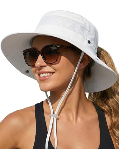 Women's Sun Hat Sun Protection Wide Brim Bucket with Ponytail Hole Summer - color: White