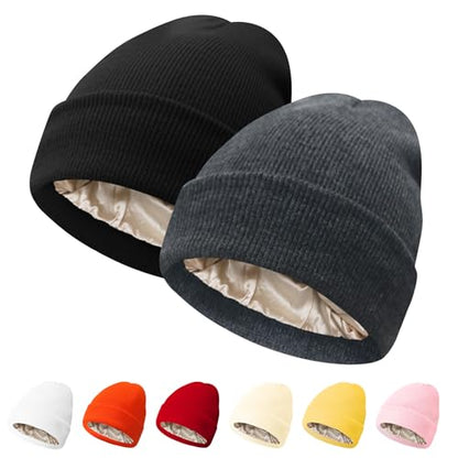 PFFY Womens Satin Lined Beanie Silk Lining Winter Hats Beanies for Women - color: Black+grey