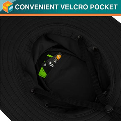 SUN CUBE Wide Brim Sun Hat for Men Women UPF 50+ UV Protection Safari Boonie Hat with Chin Strap, Pocket, Fishing Hiking Hat - color: Black