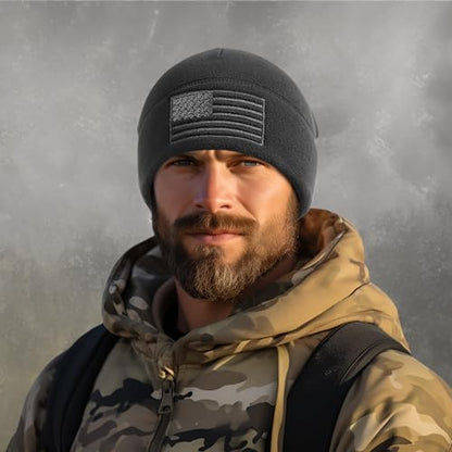 OUTDOOR SHAPING American Flag Fleece Beanie with Embroidered Patch Hat - color: Black