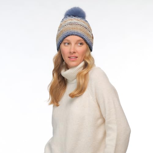 C.C Multi Color Space Dye Wool Stretchable Soft Warm Pom Beanie with Faux Fur Pom Knit Winter Skully Hat. - color: Denim Combo