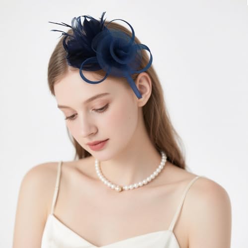 AMCAMI Fascinators Hats with Feather for Women 2026 Derby Hats Small Tea Party Hat with Headband - color: Navy Blue