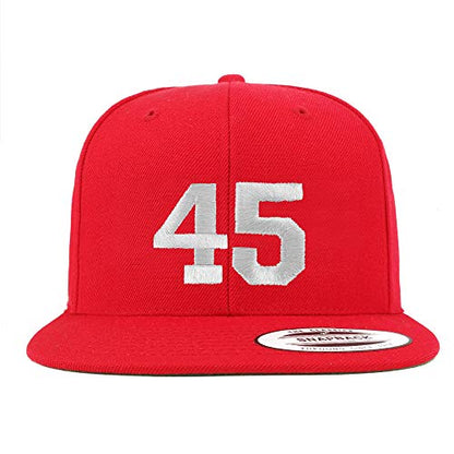 Trendy Apparel Shop Number 45 White Thread Embroidered Flat Bill Snapback Baseball Cap - color: Red