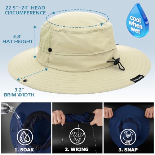 Cooling Sun Bucket Hat, UPF 50+ Wide Brim Boonie Hat with Ponytail Hole - color: 01 Kahki